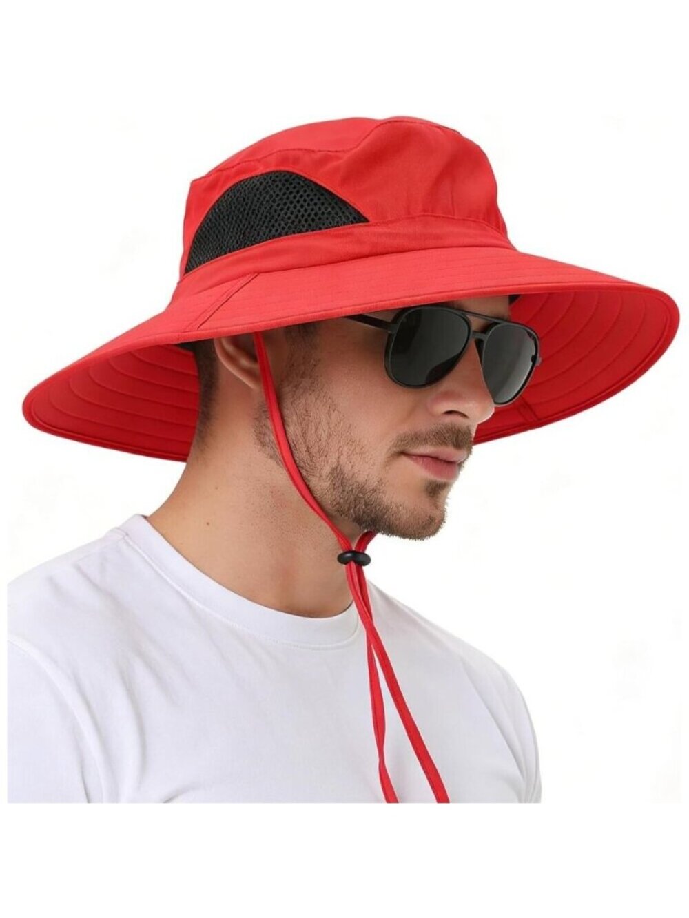 Unisex Red 100%Polyester Wide Brim Boonie Mesh Vents With Chin Strap Fishing Hat
